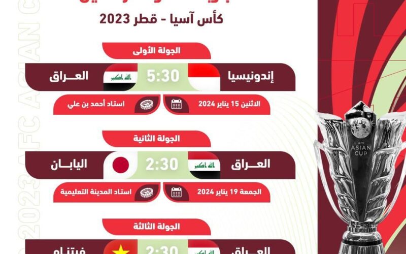 تعرف على جدول مباريات العراق كأس آسيا 2024 والقنوات الناقلة ومواعيد مباريات اليوم