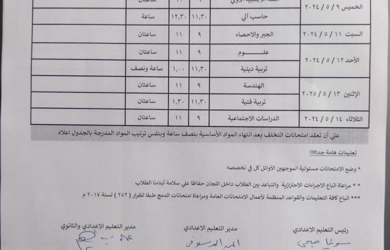 جدول امتحانات الصف الأول الإعدادي 2024 القاهرة الفصل الدراسي الثاني بعد اعتماده رسميًا