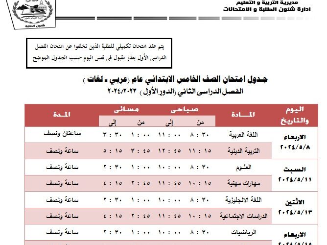 “الأيام والمواد” جدول امتحانات الصف الرابع الابتدائي 2023\2024 ترم ثاني في كل المحافظات المصرية