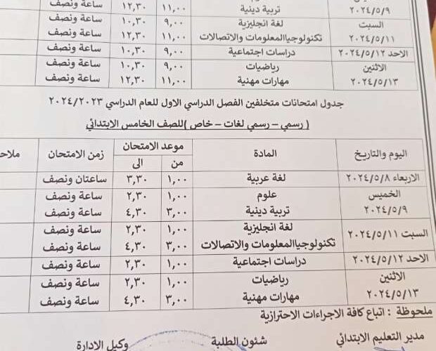 “رسمياً”.. جدول امتحانات الصف الخامس الابتدائي 2024 القاهرة وجميع المحافظات بمصر
