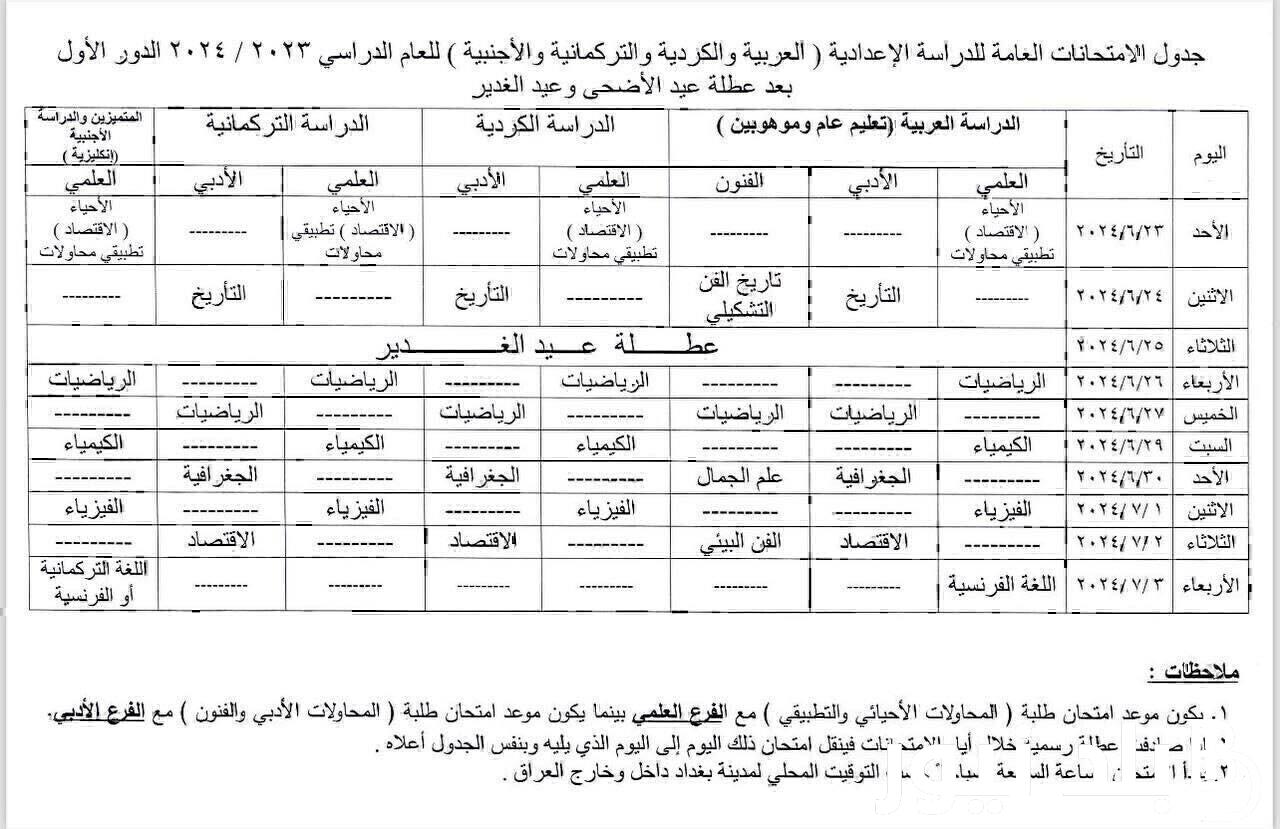 “رسمياً” جدول امتحانات السادس اعدادي 2024 الجديد الدور الأول بعد عطلة عيد الغدير