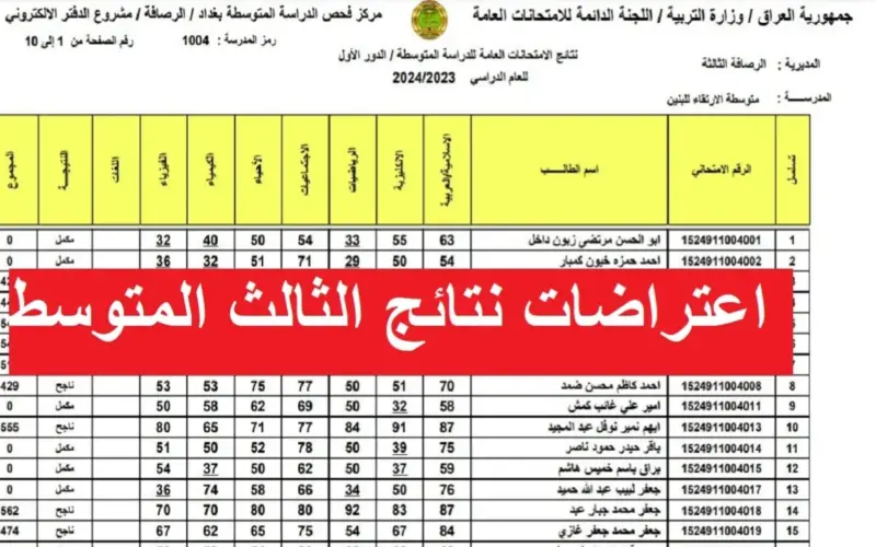 “استخرج الان” نتائج اعتراضات الثالث متوسط 2024 دور أول ببغداد والرصافة بالاسم والرقم الامتحاني من خلال موقع وزارة التربية العراقية