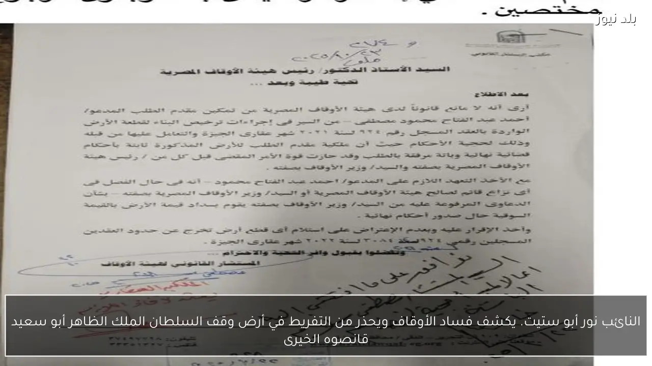 النائب نور أبو ستيت. يكشف فساد الأوقاف ويحذر من التفريط في أرض وقف السلطان الملك الظاهر أبو سعيد قانصوه الخيرى