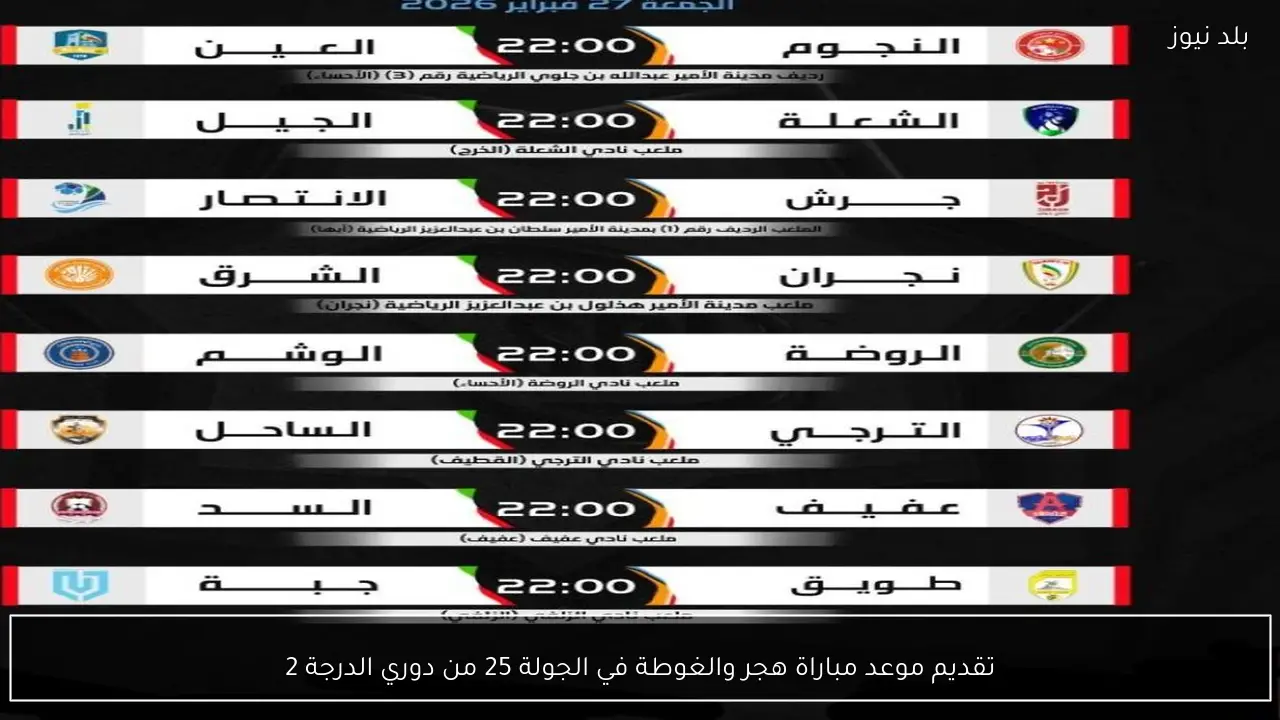 تقديم موعد مباراة هجر والغوطة في الجولة 25 من دوري الدرجة 2